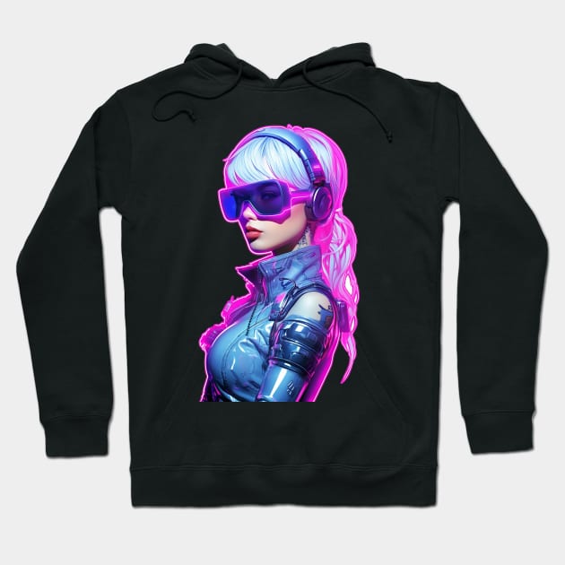 Cyberpunk Futuristic Neon Woman with Pink Visor Shades Graphic Hoodie by NeonNoirThreads